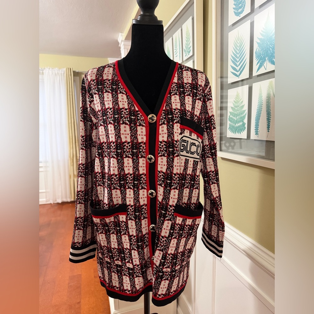 Gucci Black and Red Plaid Wool-Blend Cardigan with Logo Patch